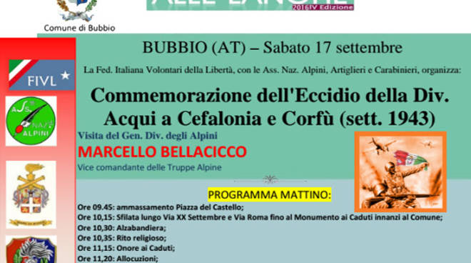 Bubbio: sabato la commemorazione dell’Eccidio della Divisione Acqui a Cefalonia e Corfù
