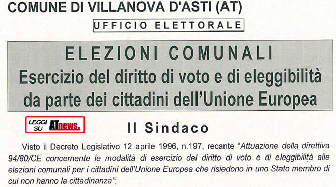 Villanova d'Asti, ecco come i cittadini stranieri possono votare alle amministrative