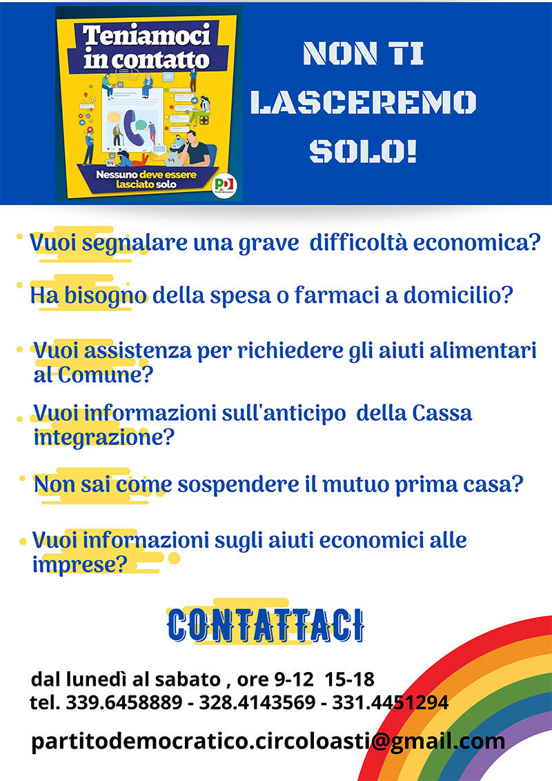 Il PD di Asti attiva il servizio per la cittadinanza “Non ti lasceremo solo”