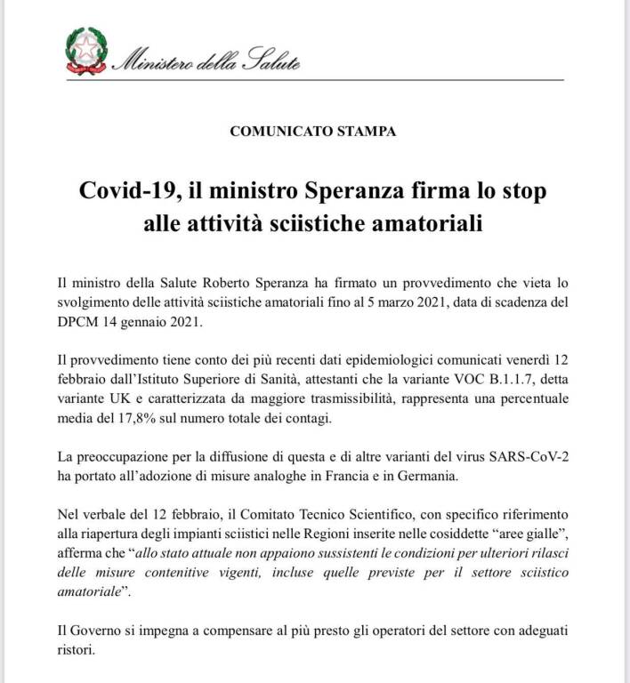 ordinanza speranza chiusura impianti sci