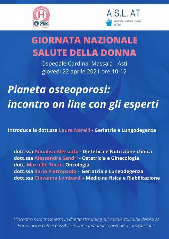 Giornata Nazionale della Salute della Donna, giovedì evento online sul canale youtube dell’Asl di Asti