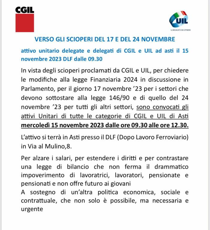 volantino cgil e uil per sciopero 17 novembre